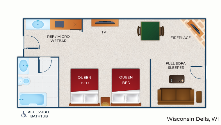 The floor plan for the Family Fireplace Suite (Accessible Bathtub)